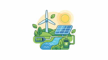 Naklejka premium Eco-friendly scene with solar wind power batteries and water