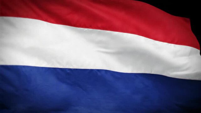 Close-up of the Dutch flag waving gently in the wind, showcasing its vibrant red, white, and blue colors.