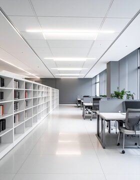 Modern Office Interior with Bookshelves and Desks.