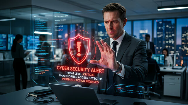Security Specialist Dealing with Cyber Attack Alert Hologram on Laptop in Corporate Office at Night