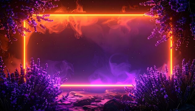 Glowing neon rectangle frame with purple bushes and orange smoke, fantasy landscape backdrop
