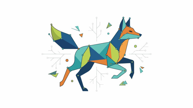 Geometric fox illustration with colorful polygons and wireframe elements