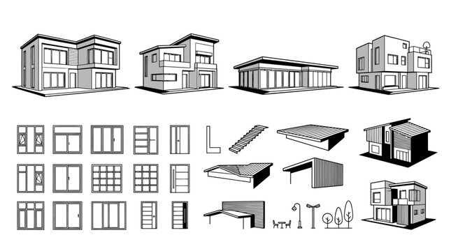 Residential house designs and detailed building component sketches.