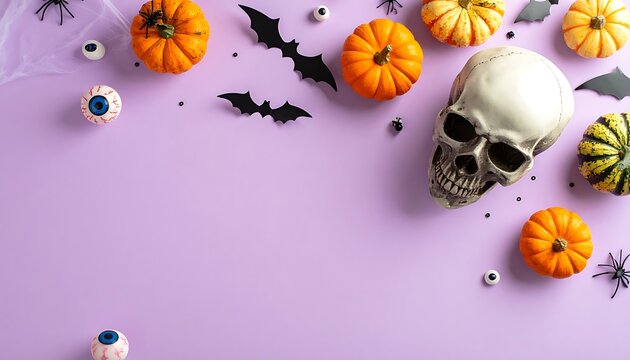 Halloween flat lay with pumpkins, skull, bats and eyeballs on a purple background, spooky celebration