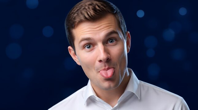 Young man in a white shirt sticking his tongue out at the camera.