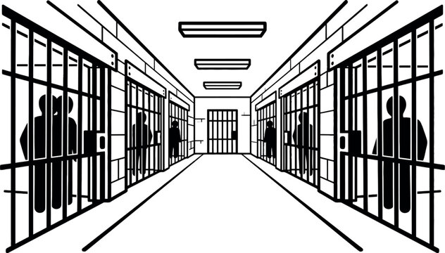 Prison corridor with cell bars and inmate silhouettes, jail interior vector illustration, correctional facility hallway with locked steel doors