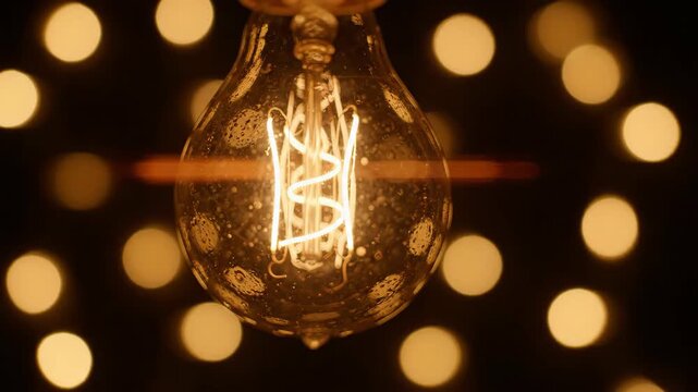 Close-up of a vintage Edison light bulb with glowing filament and bokeh background.