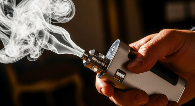 Hand holding a silver vape mod with thick white vapor swirling from the atomizer tank. Close-up of electronic cigarette device in use. Vaping lifestyle and addiction concept for health campaigns.
