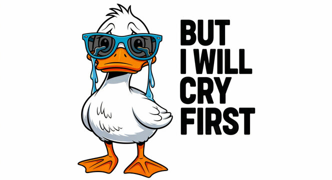Sad cartoon duck wearing sunglasses and crying tears. White duckling illustration with text saying BUT I WILL CRY FIRST. Humorous emotional concept for social media memes and apparel design.