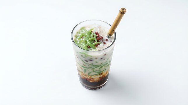 A glass of traditional Southeast Asian cendol dessert drink with coconut milk and palm sugar.