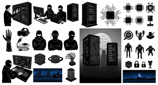 Black and white cybersecurity and technology icons featuring hackers and servers. Illustration includes robots, circuit boards, and binary code. Cybercrime concept for IT security marketing.