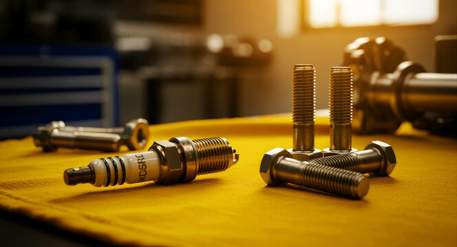 Spark plug and metal bolts resting on a yellow cloth in a garage. Mechanic tools and engine components arranged on a workbench. Car repair service concept, ideal for automotive marketing.