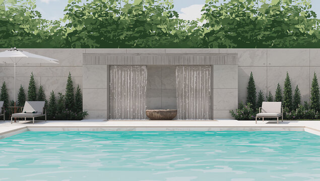 コンクリート壁から流れ落ちる滝 of a modern luxury poolの噴水があるモダンプールのイラスト