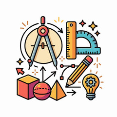 Naklejka premium Geometric shapes math tools and a lightbulb symbolizing creativity