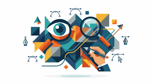 Geometric shapes magnifying glass over eye hand drawing vector tools