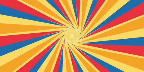 Vibrant comic book style explosion cloud with smoke puffs set against a colorful yellow and blue radial background for action themed designs. © Hosinah
