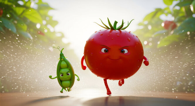 Tomato and pea characters running in a garden with water. Cute vegetables sprinting in a sunny greenhouse. Healthy food fitness concept for nutrition marketing.