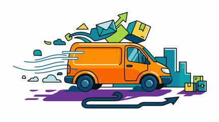 Fototapeta premium Fast delivery van with packages and city skyline