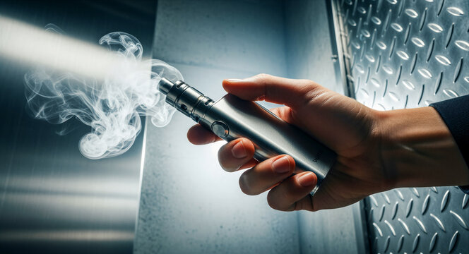 Hand holding a silver electronic cigarette emitting thick vapor. Close-up view of a metal vaping device in an industrial environment. Modern lifestyle concept, ideal for health awareness content.