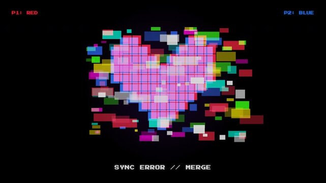 Merging Red and Blue Pixel Hearts with Chaotic Static