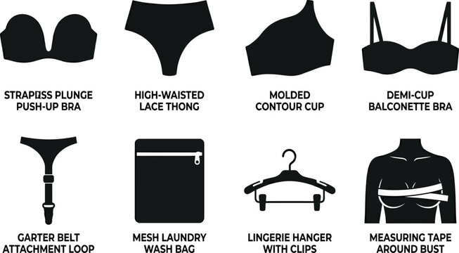 Set of Flat Vector Icons for Lingerie Essentials Including Strapless Push-Up Bra, Balconette Bra, High-Waisted Thong, Mesh Laundry Bag, Lingerie Hanger, and Bust Measurement Graphic.