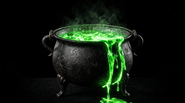 Witch Cauldron with Glowing Green Potion Dripping Halloween