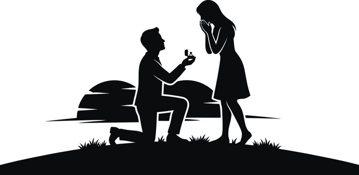 Romantic Marriage Proposal Silhouette Vector Illustration with Man Proposing to Woman on One Knee with an Engagement Ring Outdoor Scenery for Wedding and Relationship Concept Designs.