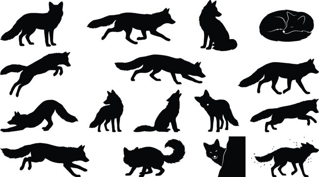 Collection of black fox silhouettes in various poses and actions animal wildlife