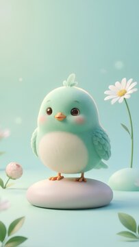 Cute Mint Green Baby Bird Standing Among Spring Flowers for Easter, Nursery Decor, Children's Products, Nature Branding and Whimsical Mascot Concepts