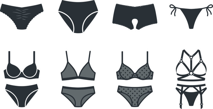 Collection of Women's Lingerie Icons and Underwear Vector Illustration Set featuring Bra, Panties, Briefs, Thongs, and Sexy Strappy Harness Sets for Fashion Design and Web Graphics.