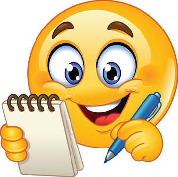 Happy Emoji Emoticon Holding a Spiral Notepad and Blue Pen

