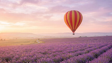 Fototapeta premium Hot air balloon photo floating above lavender field at sunrise with pastel sky