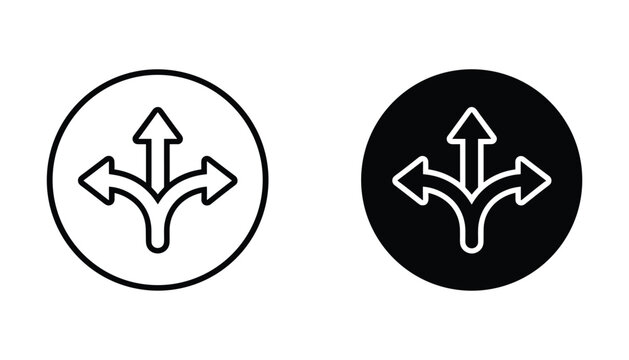 Three way arrow split icon set in circular frame for navigation and decision making concepts featuring outline and solid black graphic styles on white background