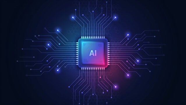 High tech central processor unit chip with glowing lines and neural network pattern representing artificial intelligence technology processor technology artificial intelligence cybernetic