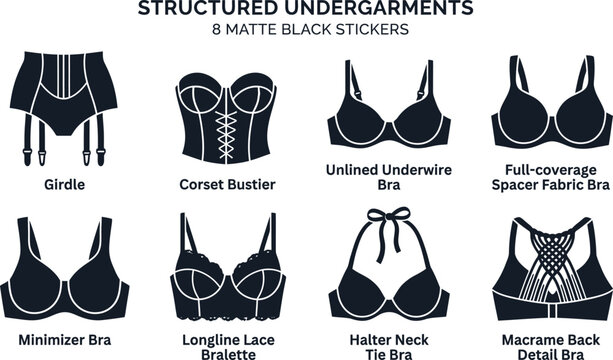 Structured Undergarments Vector Icon Set: 8 Matte Black Stickers Featuring Girdle, Corset Bustier, Minimizer Bra, Halter Neck Tie, and Lace Bralette for Fashion Design and Lingerie Retail