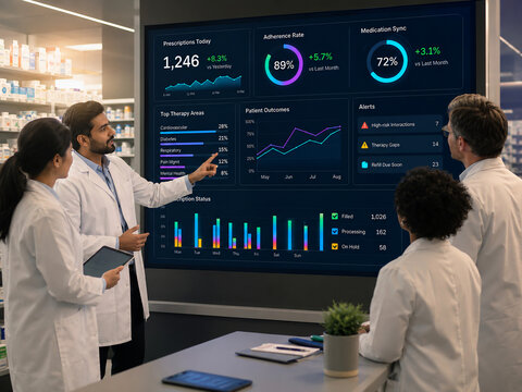 Medical team analyzing pharmacy performance data on a large digital screen