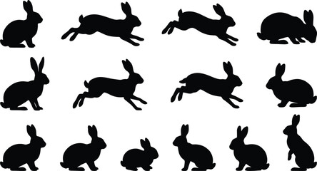 Fototapeta premium Collection of black rabbit silhouettes in various poses on a white background, bunny