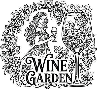 Elegant Wine Garden Vector Illustration featuring a beautiful woman with a glass of wine surrounded by a decorative grapevine frame with grapes and leaves, perfect for logos and labels.