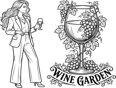 Elegant Woman in Stylish Suit Holding a Wine Glass with Decorative Wine Garden Graphic Featuring Grapes and Vines, Sophisticated Line Art Vector Illustration for Winery Branding