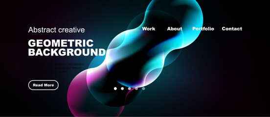 Naklejka premium Abstract design features flowing shapes, vibrant colors, dark background. Navigation menu includes work, about, portfolio, contact options.