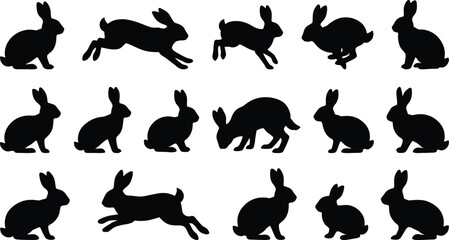 Collection of black rabbit silhouettes in various poses on white background, bunny © GT Designs