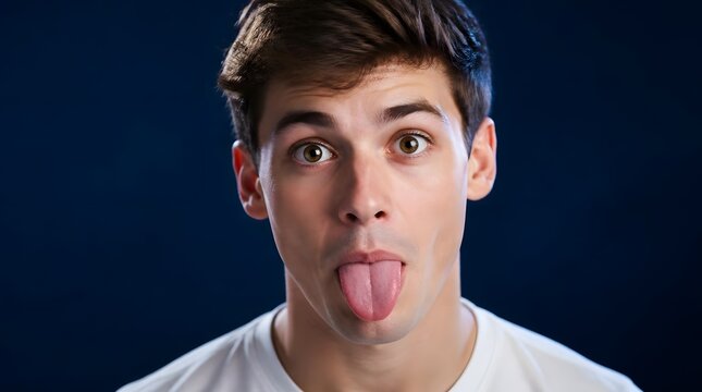 Portrait of a young man making a funny face with his tongue out.
