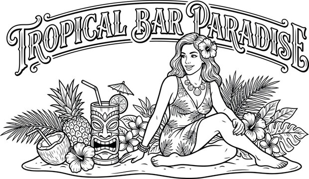Tropical Bar Paradise Vintage Vector Illustration Featuring an Exotic Girl, Tiki Mug, Pineapple, and Hibiscus Flowers. Perfect for Summer Party Decor, Apparel, and Coloring Pages.