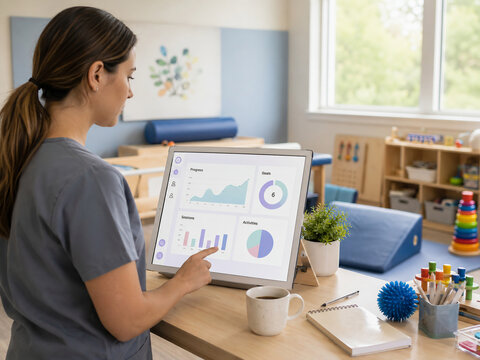 Therapist reviewing patient progress dashboard on a tablet in a pediatric therapy clinic
