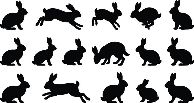 Collection of black rabbit silhouettes in various poses on white background, bunny