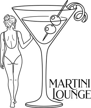 Minimalist Line Art Vector Illustration of a Woman in a Swimsuit Standing Next to a Giant Martini Glass with Olives and Text Martini Lounge for Beach Club and Nightlife Designs.