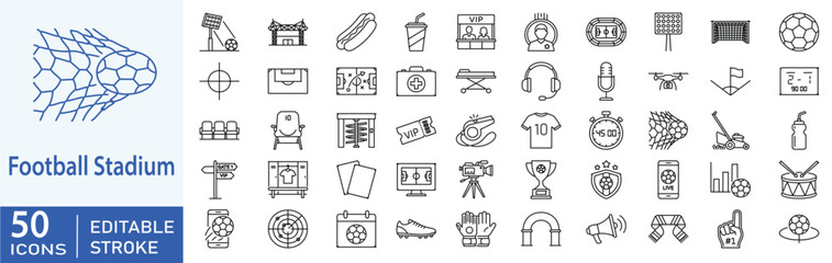 Football stadium line editable icon set. sports arena pitch field, player jersey shoe glove goal net, referee whistle penalty card, fan ticket live broadcast camera. Editable stroke. Vector illustrati © Premium