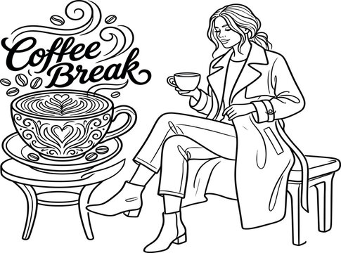 Elegant Woman Enjoying Coffee Break Vector Illustration - Beautiful Line Art Design with Decorative Latte Cup, Coffee Beans, and Stylish Girl in Coat - Perfect for Cafe Decor and Coloring
