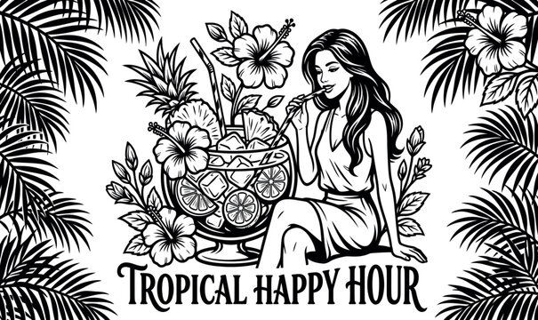 Vintage Tropical Happy Hour Vector Illustration featuring a Beautiful Woman enjoying a Large Exotic Cocktail with Hibiscus Flowers, Pineapple, and Palm Leaves in Black and White.