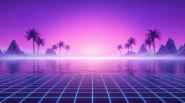 Retro tropical sunset illustration with neon grid ocean and silhouetted palm islands